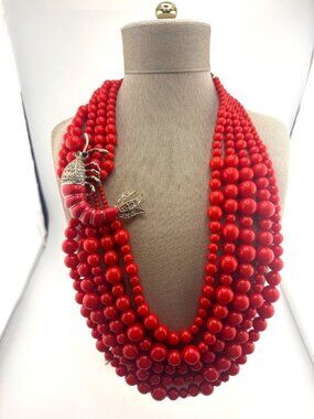 Anna & Ava Red Beaded 5 Strand Shrimp Necklace Enamel Rhinestone Novelty Coastal